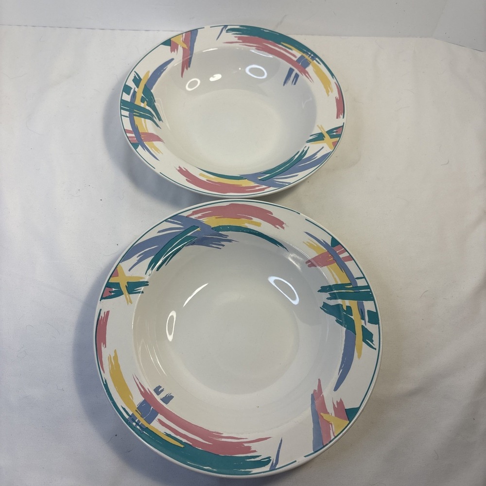 2 Tienshan Stoneware Pink Yellow Green Purple Mod Paintbrush 8 5/8" cereal bowls